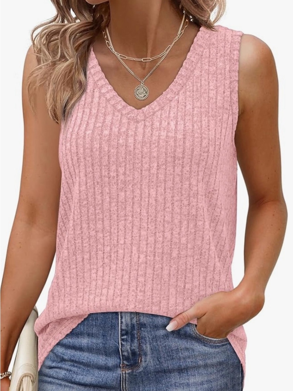 Sleeveless V-Neck Ribbed Knit Tank Top EUC